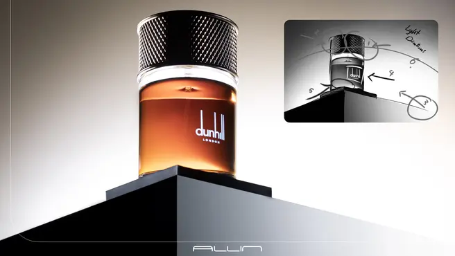 Concept rendering of a Dunhill perfume bottle beside an early product sketch.