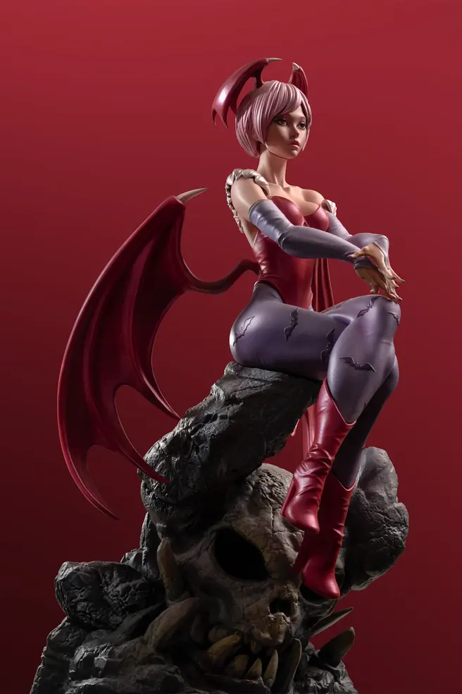 A red winged 3D character seated on a sculpted skull.